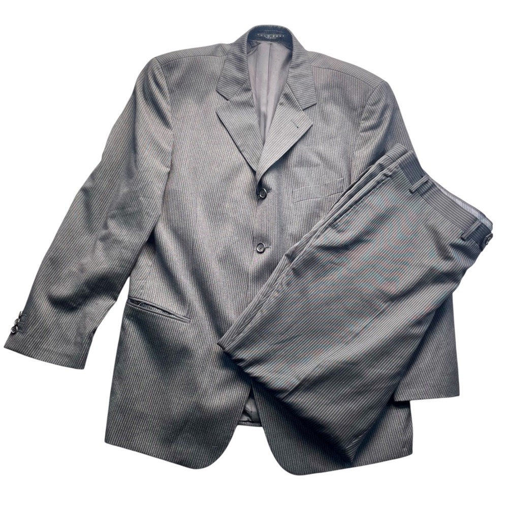 VTG Hugo Boss Suit Men 44R Charcoal Grey Pinstripe Super 100 Wool Sokrates Sigma